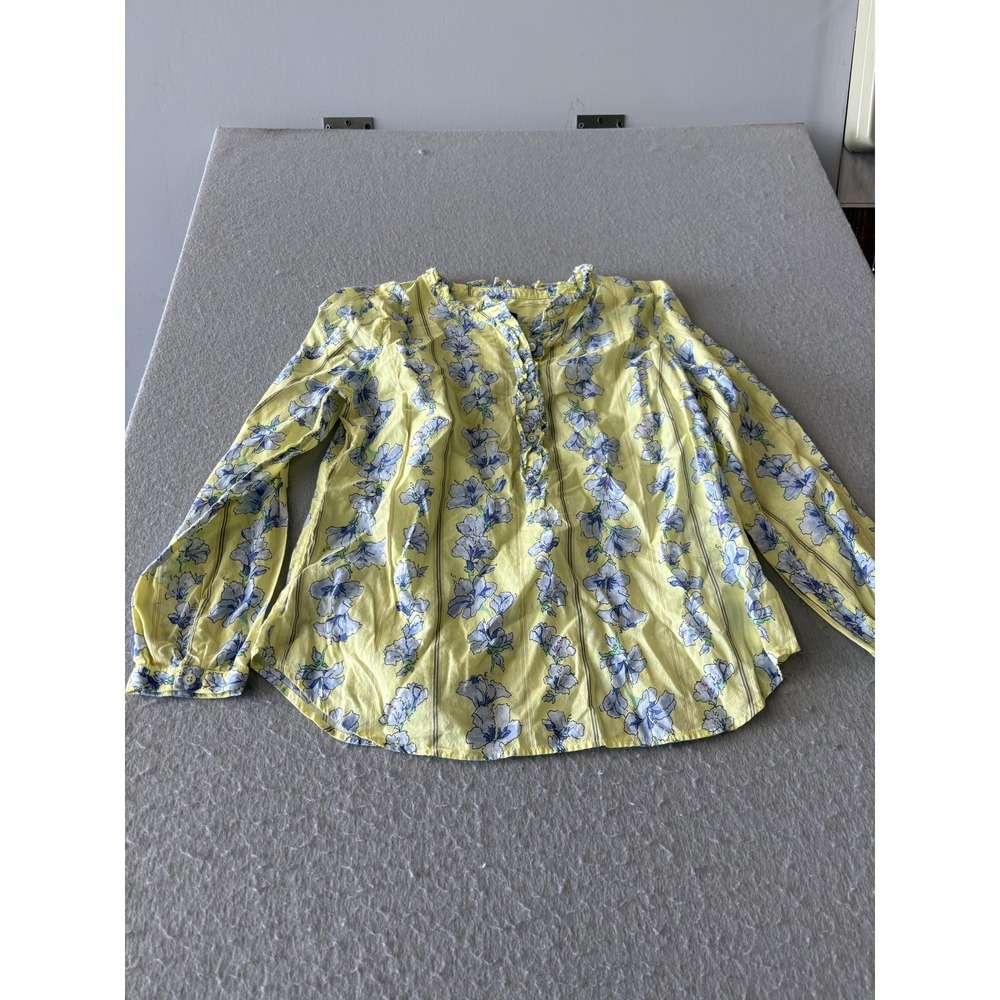 Talbots Blouse Womens Petite MP Yellow Floral Ruffle Henley Long Sleeve Top